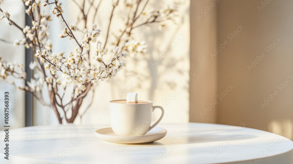 Minimalist hot chocolate in elegant mug with snowy branches on bright winter morning