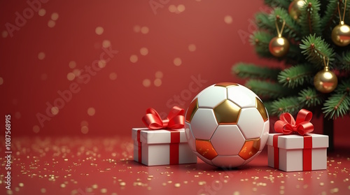 Presents under Christmas tree, Football, soccer on red background, sport christmas gift, banner with space for text.	