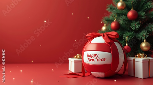 Presents under Christmas tree, volleyball  with HAPPY NEW YEAR lettering and red bow on red background, sport christmas gift,  banner with space for text