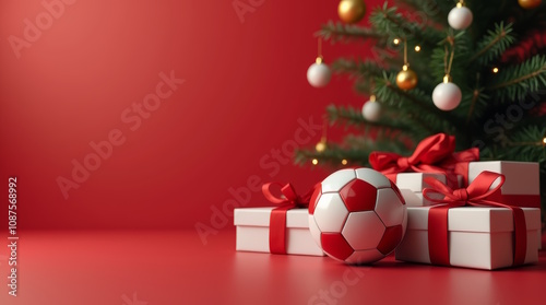 Presents under Christmas tree, Football, soccer with HAPPY NEW YEAR lettering on red background, sport christmas gift, banner with space for text.	