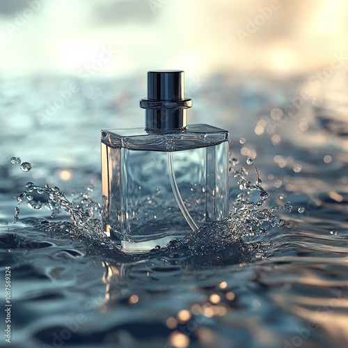 Glass bottle of perfume in water with a splash. photo