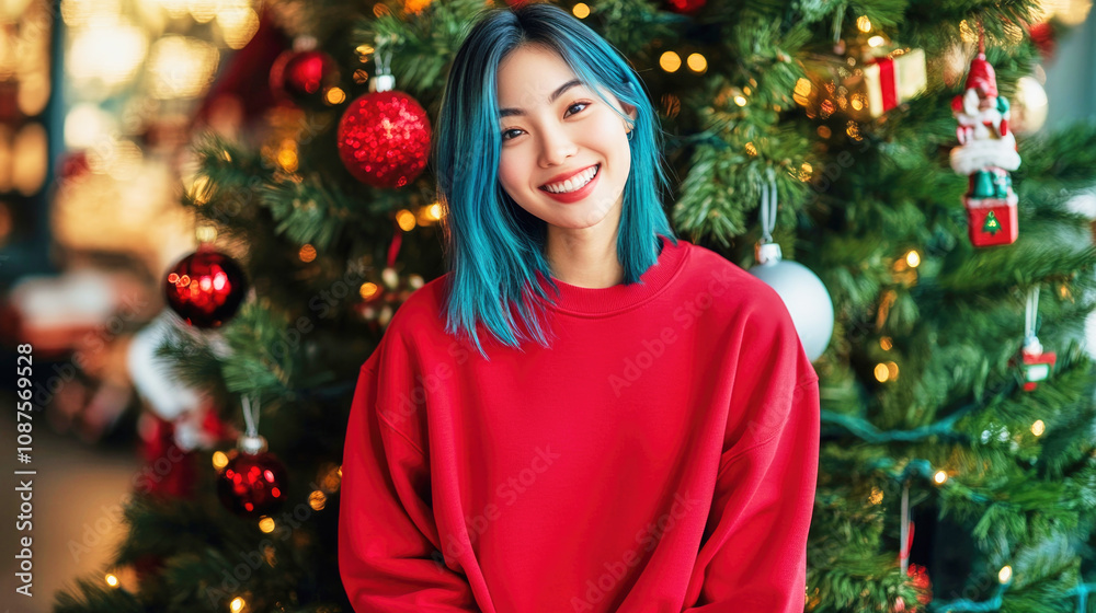 A woman with blue hair smiles in front of a decorated Christmas tree with presents A woman with blue hair smiles in front of a decorated Christmas tree with presents