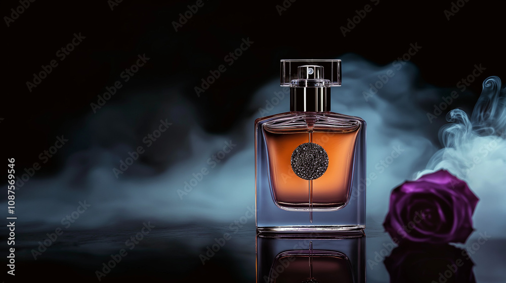 Sophisticated perfume bottle with smoky background and a purple rose in an elegant composition Sophisticated perfume bottle with smoky background and a purple rose in an elegant composition