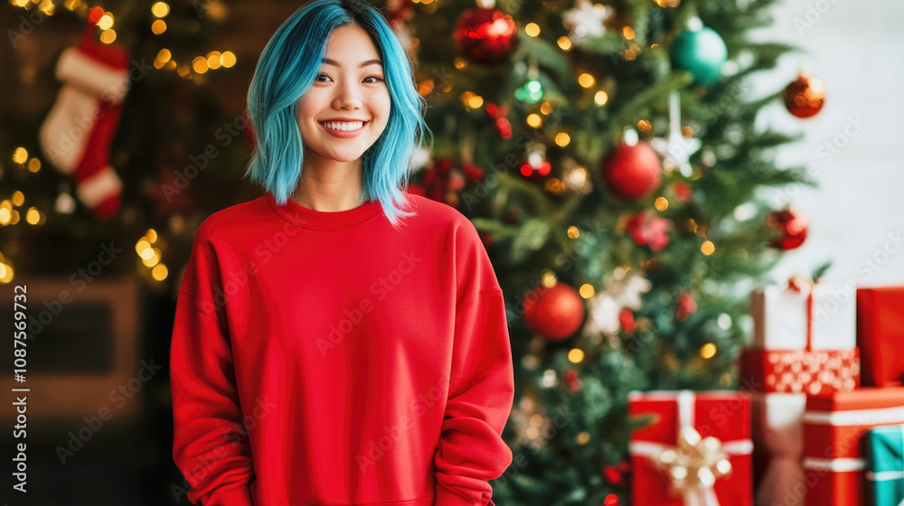 Smiling woman with blue hair in red sweatshirt by Christmas tree with colorful presents Smiling woman with blue hair in red sweatshirt by Christmas tree with colorful presents
