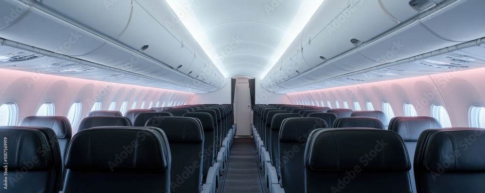 Fototapeta premium A modern airplane interior showcasing spacious seating, sleek design, and ambient lighting, emphasizing comfort and style.
