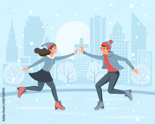 A couple ice skating together on winter landscape background. Winter sport, outdoor sport activity. Flat illustration
