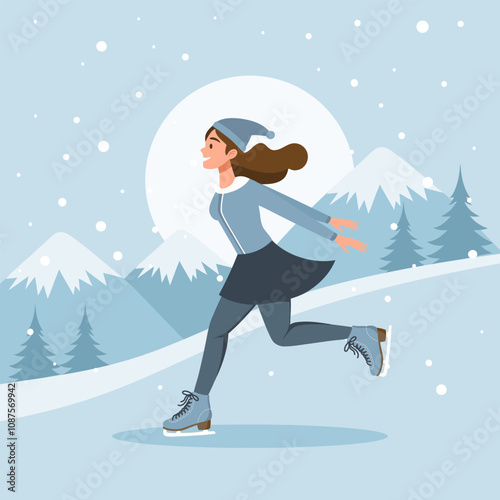 Female character skating on ice on winter landscape background. Winter sport, outdoor sport activity. Flat illustration