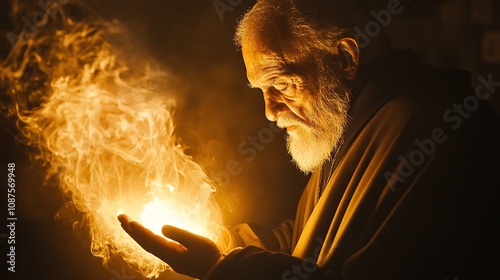 An elderly man with a long white beard holds a small flame in his hand. The flame is surrounded by smoke, and the man's face is illuminated by the light. photo