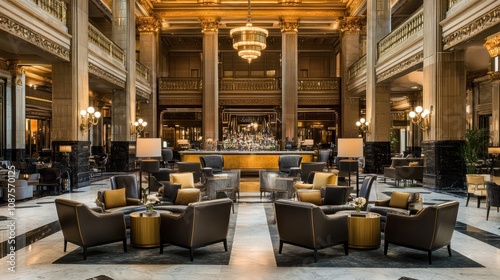 Elegant Hotel Lobby With Gold Accents And Comfortable Seating photo