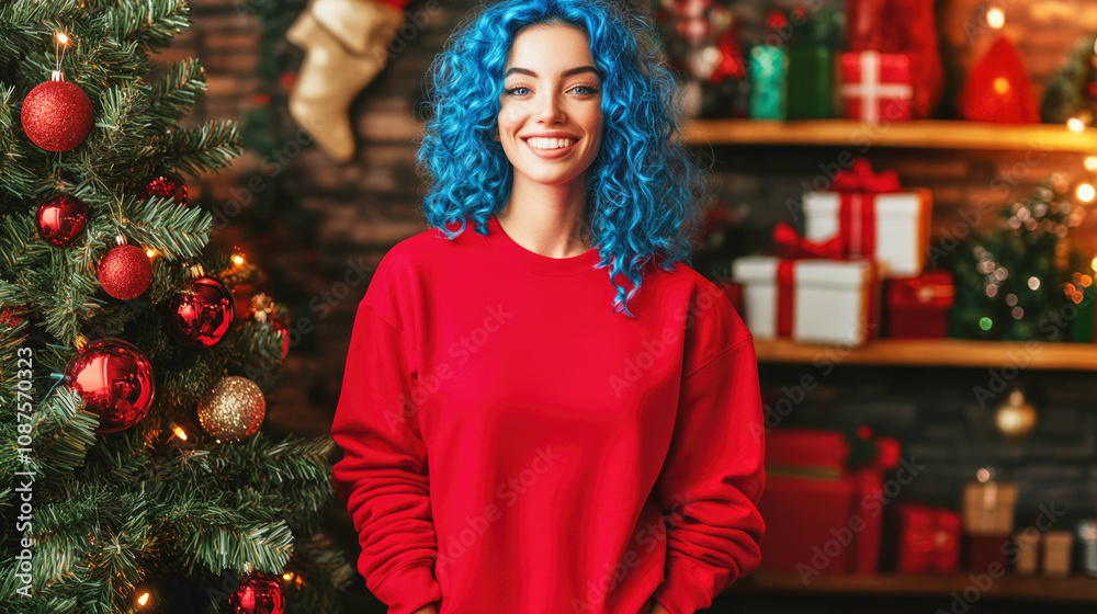 Smiling woman with blue curly hair in red sweatshirt by Christmas tree with presents Smiling woman with blue curly hair in red sweatshirt by Christmas tree with presents