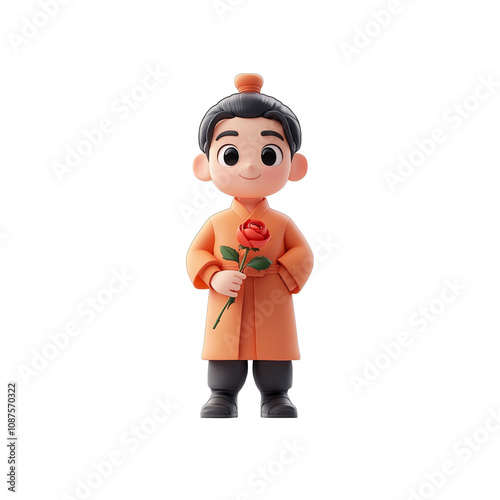 Wallpaper Mural Adorable 3D Render of a Young Boy in Traditional Asian Clothing Holding a Single Rose Torontodigital.ca