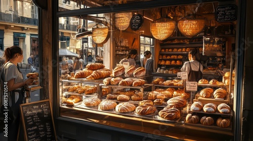 Fototapeta Naklejka Na Ścianę i Meble -  A woman looks through the window of a bakery displaying an assortment of breads and pastries.