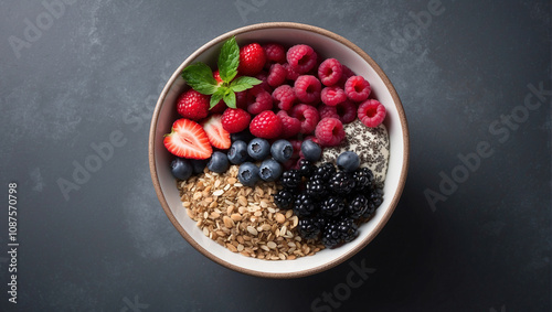 Fresh berry bowl with granola, nuts, and seeds arranged beautifully for a healthy breakfast option in a modern kitchen setting