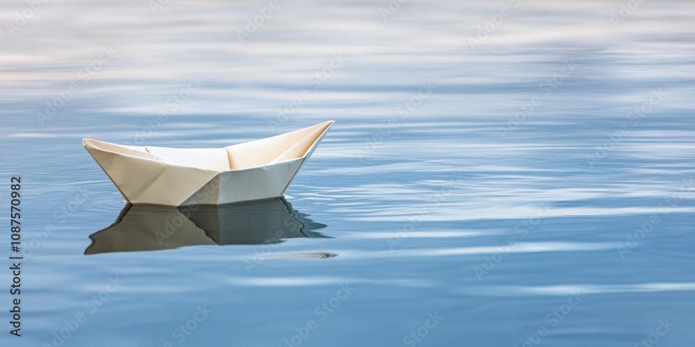 A solitary paper boat floats gently on calm water, reflecting a serene atmosphere.