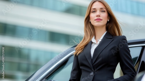 A confident woman in a business suit stands by a sleek car, embodying professionalism and modern elegance against a contemporary building backdrop.