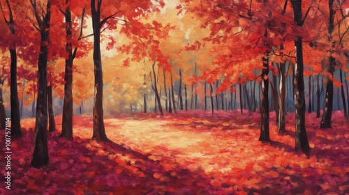 Vibrant autumn red maple grove with copy space for seasonal design and print