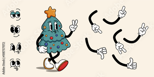 Funny retro cartoon hippie Christmas tree character in trendy groovy style. Tree with set of different emotions and different hand gestures. Set in 60-70s style. Merry Christmas and Happy New Year. 