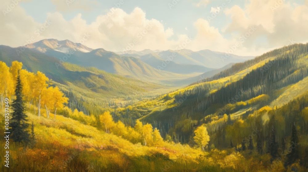 Obraz premium Wide-angle mountain and valley view with layered landscape