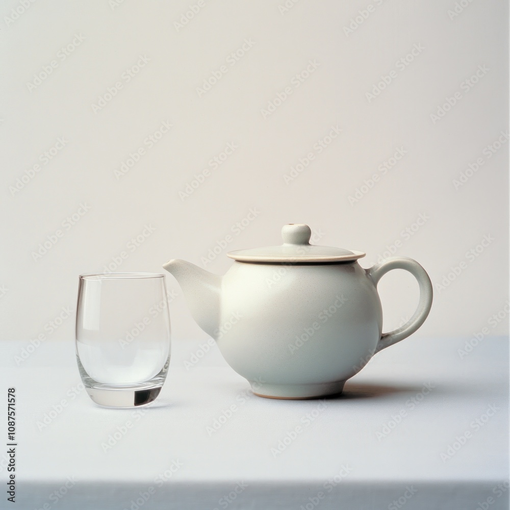 A minimalist teapot and glass on a table, emphasizing simplicity and elegance. A minimalist teapot and glass on a table, emphasizing simplicity and elegance.
