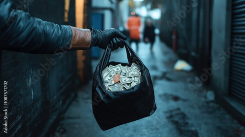 Gloved hand holding black bag filled with cash in dimly lit urban alley with blurred figures in background