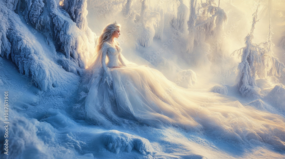 Naklejka premium The Snow Queen seated on her throne of ice in a frosted forest under soft light