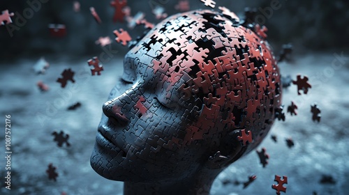 Disintegrating puzzle head, mental health concept. photo