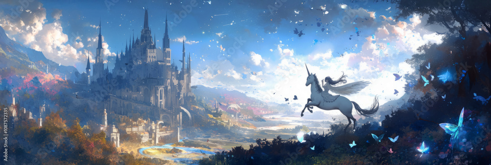 Obraz premium A fairy tale castle stands majestically on a hill, as a unicorn gallops through the sky. The magical, dreamlike scene captures the essence of fantasy and wonder, banner