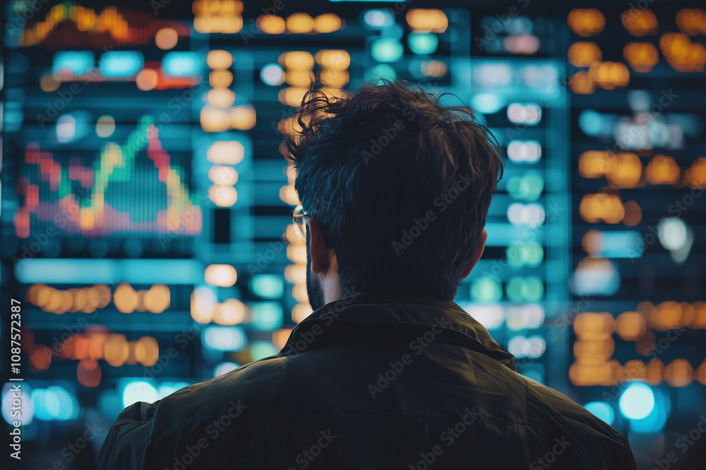 A person analyzing data on digital screens displaying various financial metrics. A person analyzing data on digital screens displaying various financial metrics.