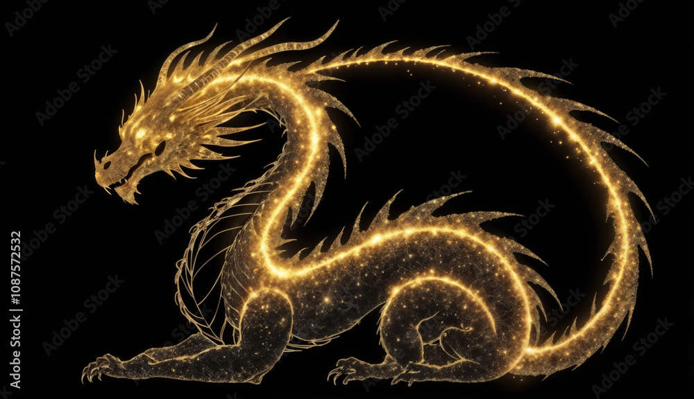 Glowing silhouette of sitting dragon made of golden sparks on a black background, side view Glowing silhouette of sitting dragon made of golden sparks on a black background, side view