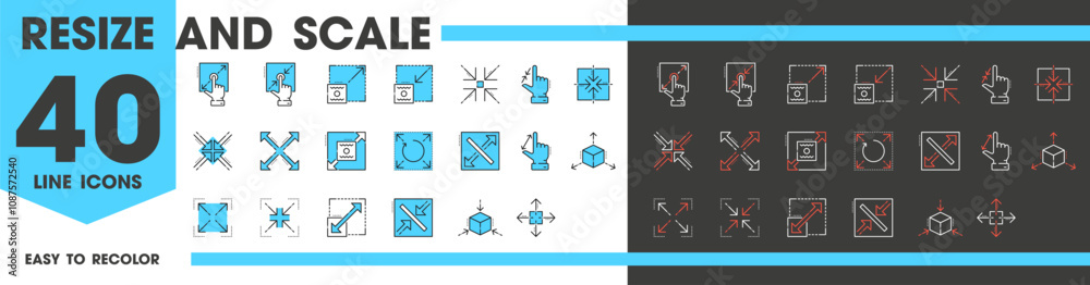 Resize and scale line icons, reduce or expand zoom or change, vector pictograms. Scalable size icons of finger for window extend or enlarge, rotate box, minimize zoom in for screen control arrows Resize and scale line icons, reduce or expand zoom or change, vector pictograms. Scalable size icons of finger for window extend or enlarge, rotate box, minimize zoom in for screen control arrows