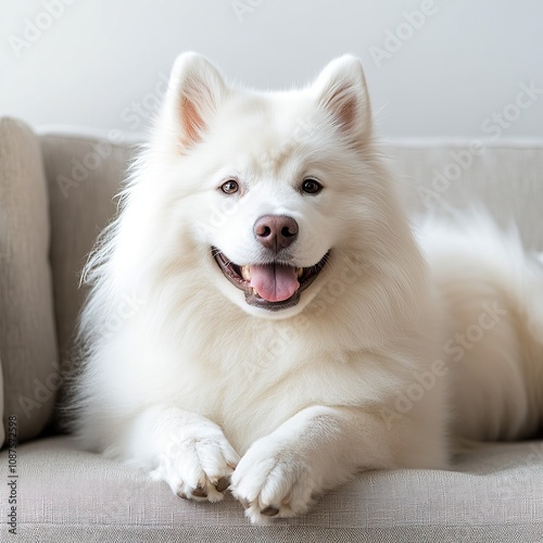 A white fluffy dog lays on a couch with its paws resting on the front edge and a big smile on its face.