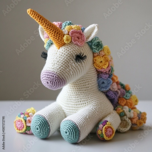 Crocheted lovely bright unicorn handmade thing creative art decor design needlework craft handiwork 