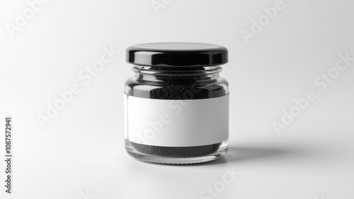 A stylish caviar mockup showcasing a transparent glass jar filled with high-quality caviar, set on a clean white background.