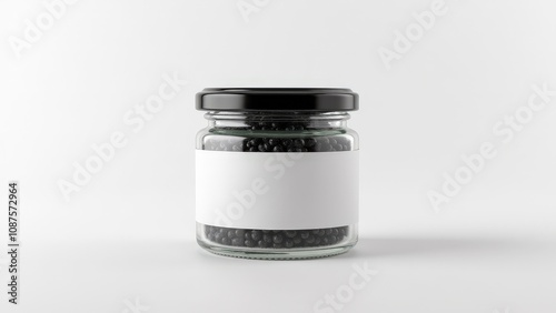 A premium caviar container mockup featuring a sleek glass jar with minimalistic design and glossy metallic lid, perfect for luxury packaging.