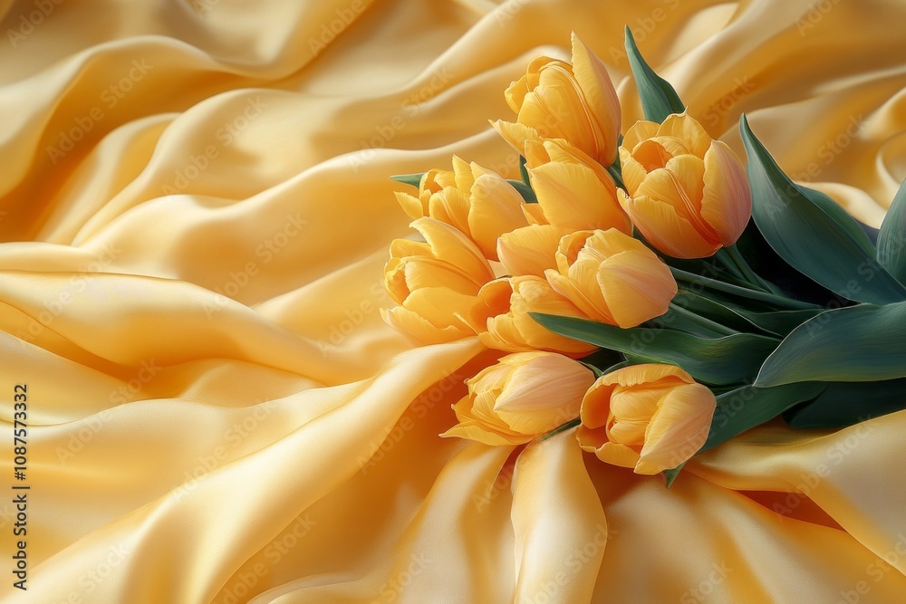 Obraz premium Yellow tulips are scattered across a shimmering yellow silk background, creating a vibrant and luxurious display, perfect for celebrating March 8th or Valentine's Day
