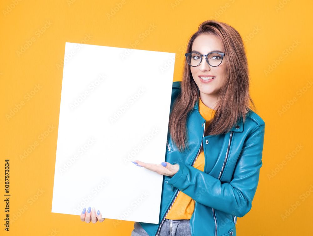 Smiling young women holding white board, wearing blue leather jacket, isolated on yellow background. One cute girl showing blank empty paper billboard with blank space for text Smiling young women holding white board, wearing blue leather jacket, isolated on yellow background. One cute girl showing blank empty paper billboard with blank space for text