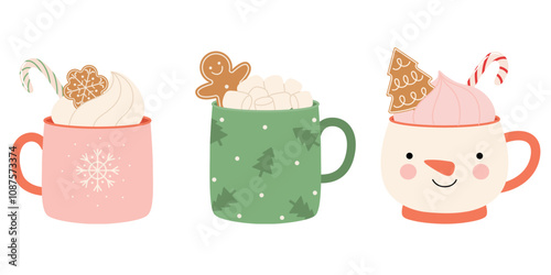 Christmas hot drinks vector illustration in simple flat style