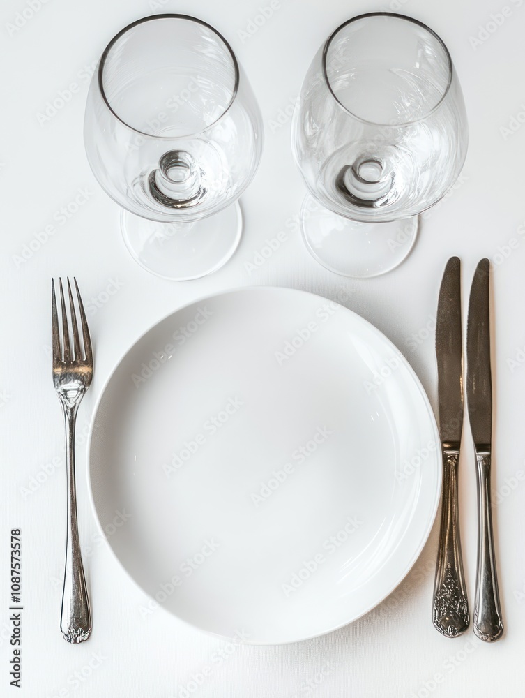 A dining setup featuring two glasses, a plate, a fork, and a knife on a white surface. A dining setup featuring two glasses, a plate, a fork, and a knife on a white surface.
