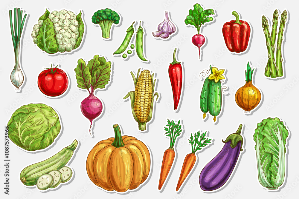 Vegetables vector sketch stickers of fresh farm food. Onion, broccoli, tomato and green zucchini, carrot, pumpkin, cucumber, cabbage and pepper hand drawn vegetables, ripe veggie food engraved tags Vegetables vector sketch stickers of fresh farm food. Onion, broccoli, tomato and green zucchini, carrot, pumpkin, cucumber, cabbage and pepper hand drawn vegetables, ripe veggie food engraved tags