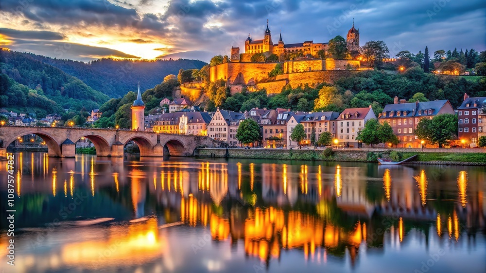 Fototapeta premium Heidelberg's twilight magic: castle reflects in the old town.