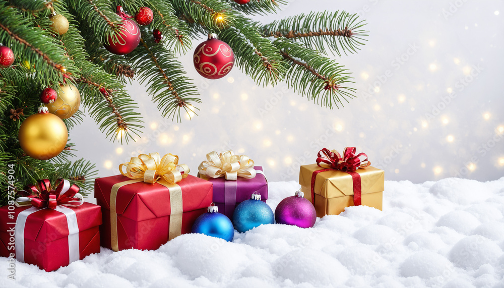 Christmas tree with colorful gift boxes under it on a snowy background Christmas tree with colorful gift boxes under it on a snowy background