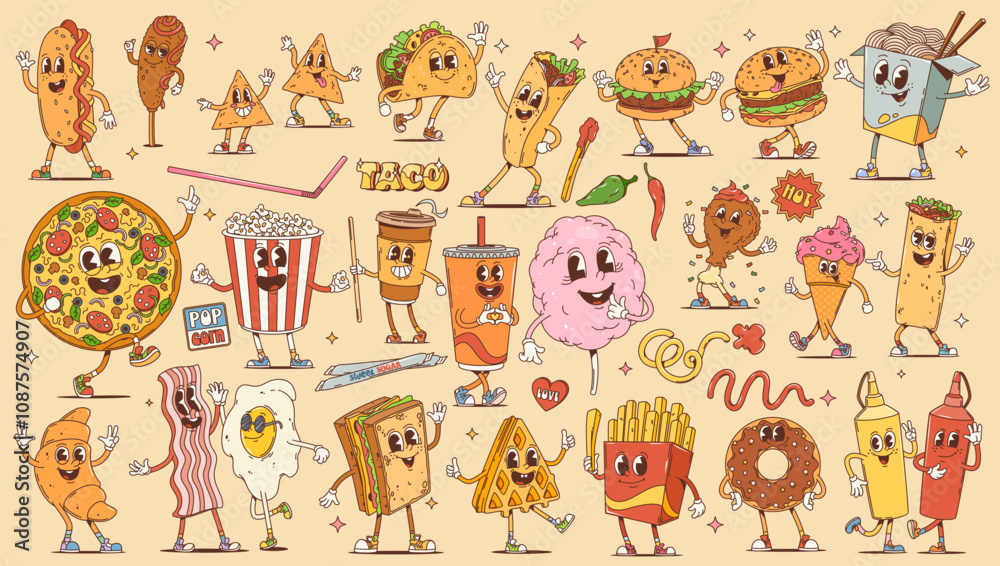 Fototapeta premium Fast food and breakfast cartoon retro groovy characters. Vintage hippie burger, pizza, sandwich and drinks with dessert vector personages. Cute hot dog, french fries, soda, coffee, donut and ice cream