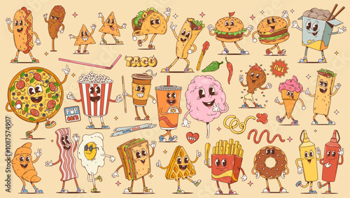 Fast food and breakfast cartoon retro groovy characters. Vintage hippie burger, pizza, sandwich and drinks with dessert vector personages. Cute hot dog, french fries, soda, coffee, donut and ice cream