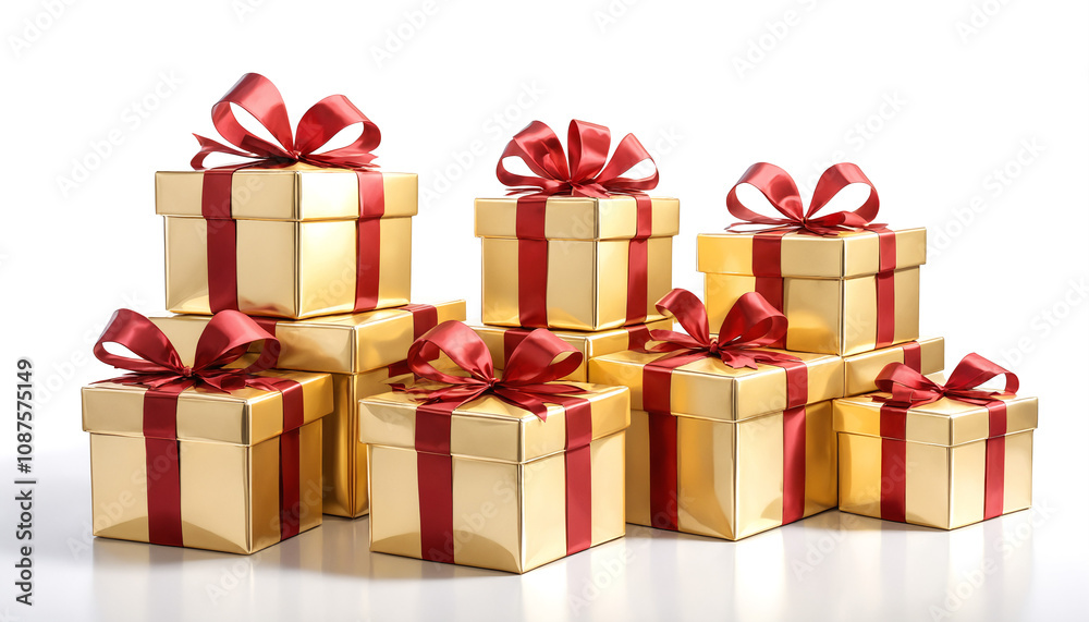 Golden gift boxes with red ribbons stacked on a white background Golden gift boxes with red ribbons stacked on a white background