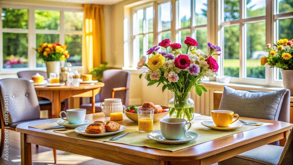 Cozy Breakfast Setting in a Well-Lit Nursing Home Care Center with Fresh Flowers and Warm Atmosphere Cozy Breakfast Setting in a Well-Lit Nursing Home Care Center with Fresh Flowers and Warm Atmosphere