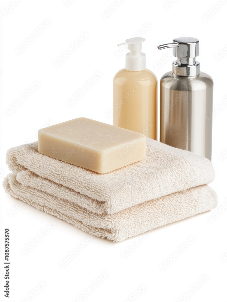 A collection of toiletries including soap and towels for personal care. A collection of toiletries including soap and towels for personal care.
