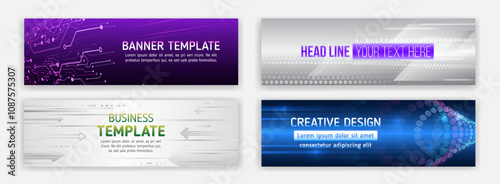 Data protection, internet communication, science, big data, cover design set. Sci-fi vector sample concept. High-tech horizontal banner template. Modern banner design with technology element.