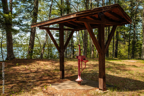 Abandoned hand water pump at wayside no longer in use in Vilas County, Wisconsin photo