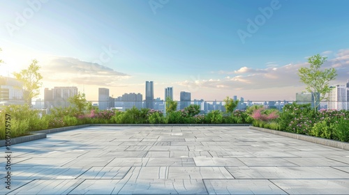Empty square floor with city skyline background, Skyscraper district urban plaza photography, bustling city activity