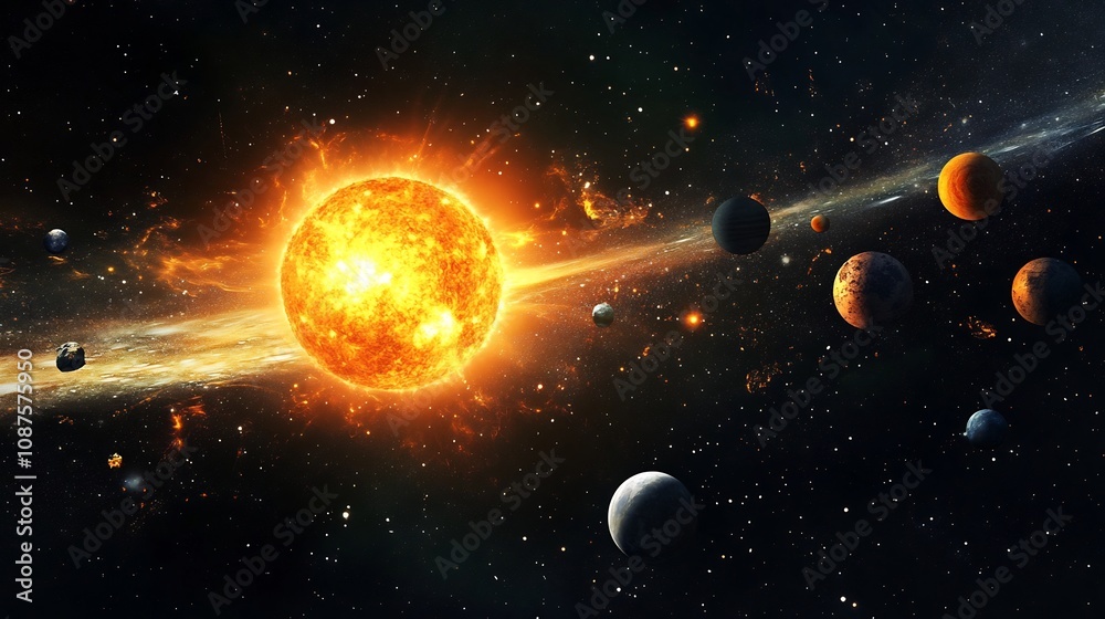 Naklejka premium Dramatic Solar System Explosion in Deep Space with Celestial Bodies